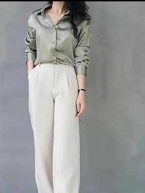 Satin Button-Up Shirt in Sage Green